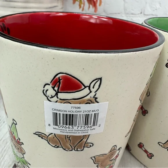 NWT ELI + ANA crimson holiday 21oz mug set Festive Dog-Themed hand painted - Picture 3 of 8